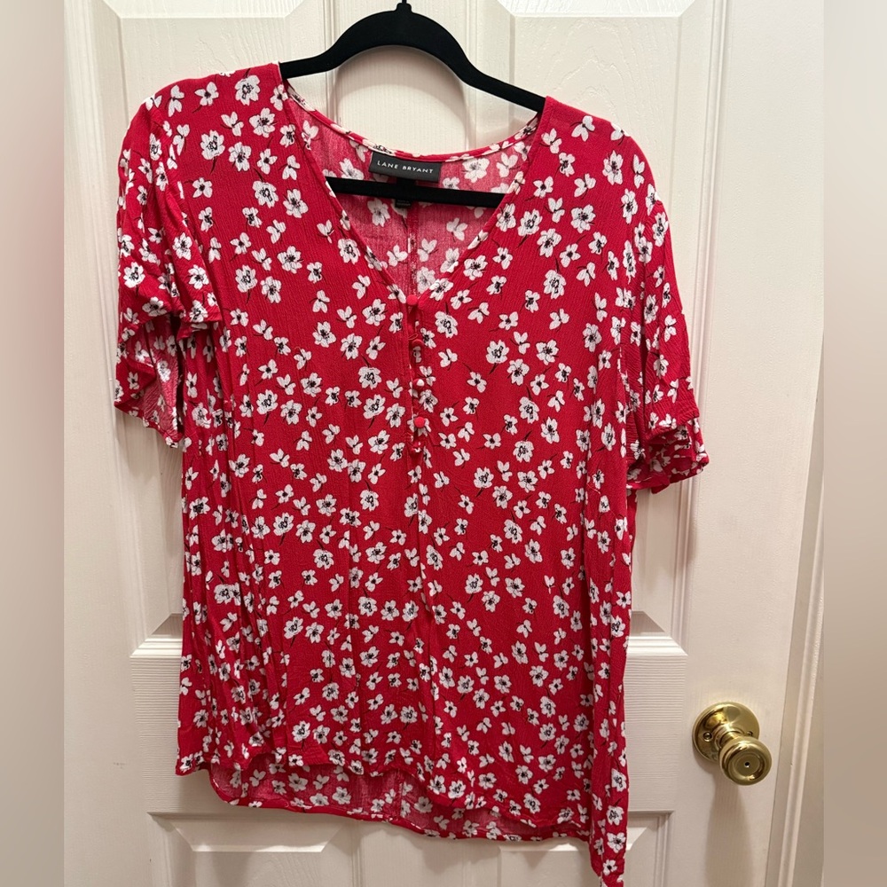 Lane Bryant Red and White Floral Blouse